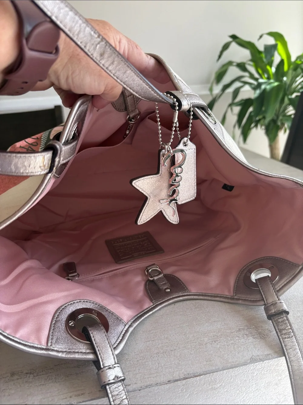 Coach Canvas Tote with Taupe Star Charm and Rose Gold Script